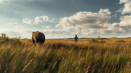 linda walking through a savanna with a bear following, showcasing the natural beauty of the surroundings and linda's connection with nature. the high-angle perspective and wide-angle lens capture a playful element as the bear accompanies linda on their journey. ai generatedの素材