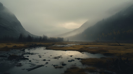 a mountain stands tall, accompanied by a nearby creek, creating a moody and ethereal atmosphere. the gray and amber tones add to the captivating beauty of this 8k resolution photograph. inspired by native american, first nations, and alaska native art, it captures the essence of eerie landscapes and serene pastoral scenes. ai generatedの素材