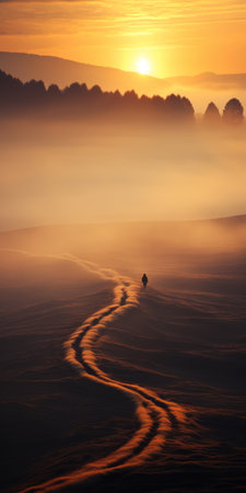 a person travels in a horsedrawn wagon through ethereal minimalistic landscapes, bathed in soft gold and orange hues. the otherworldly scenery, captured with a nikon d750 and tokina at-x 11-16mm f/2.8 pro dx ii lens, showcases flowing surrealism and gentle tonal shifts. ai generatedの素材