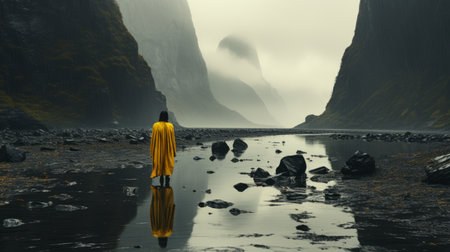 a person wearing a yellow coat stands near the water in a foggy setting, reminiscent of zen buddhism influence. the scene combines elements of sci-fi landscapes, maori art, and national geographic photography. the person appears slumped and draped, surrounded by mountainous vistas. this uhd image captures a unique blend of artistic and natural elements. ai generatedの素材