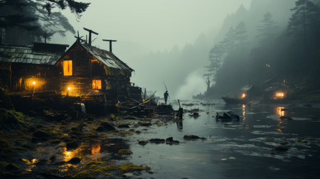 a boat rests on a desolate beach, evoking the eerie ambiance of post-apocalyptic backdrops. this scene combines elements of traditional japanese aesthetics, with haunting houses and atmospheric woodland imagery. the captivating photograph captures the essence of a national geographic photo, while also embodying the cozy and rustic vibes of cabincore. the smokey background adds an extra layer of mystique to the overall composition. ai generatedの素材
