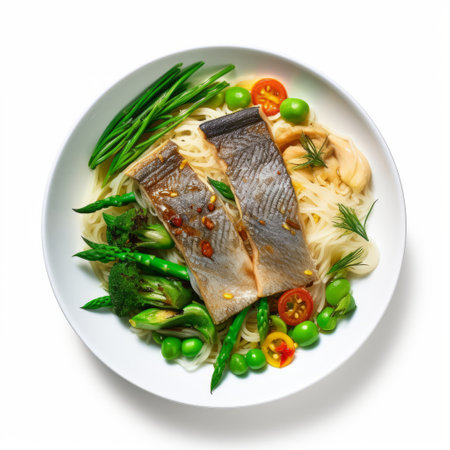 a bowl of fresh fish, green salad, and vibrant vegetables is beautifully presented in this photograph. the smooth and curved lines of the dish create an elegant composition, enhanced by the light gold and beige tones. captured with a hasselblad h6d-400c, the white background accentuates the intricate embellishments and bold colors of the ingredients. this visually appealing image is perfect for a website showcasing culinaryの素材