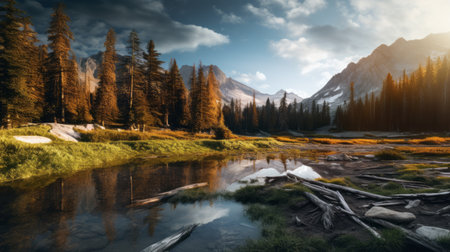 a stunning landscape photograph showcasing a majestic mountain and its side, adorned with a gentle stream flowing through. the image is captured in a captivating style, featuring a harmonious blend of light amber and gray tones. with the use of vray tracing, the photo exhibits exceptional visual quality. this national geographic photo captures the essence of atmospheric woodland imagery, providing inspiration for outdoor scenes andの素材