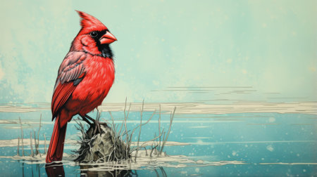 a red bird perches on a stump, framed by a serene water backdrop. this stunning photograph captures the essence of realism and hyper-detailed portraits. created by the talented architectural illustrator, tony diterlizzi, the image showcases his unique style. with a resolution of 3840x2160, the artwork by martin ansin depicts a snowy scene, enhanced by a vibrant and saturated color field. ai generatedの素材