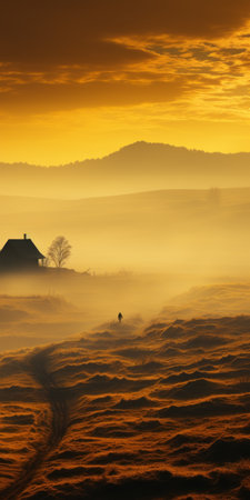 the photo captures a stunning landscape of grassland and desert hills, reminiscent of janek sedlar's style. silhouette figures add a touch of intrigue to the charming and idyllic rural scenes. the yellow and amber hues create a warm and inviting atmosphere, while the mist adds a hint of mystery. the influence of frantiek dvok is evident in the cold and detached atmosphere. ai generatedの素材