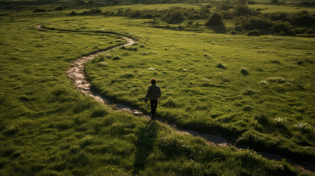 richard walking through a meadow with a snake following him/her, captured from a high-angle perspective using a wide-angle lens. the photo showcases the natural beauty of the surroundings and richard's connection with nature, while the snake adds a playful element to the composition. ai generatedの素材