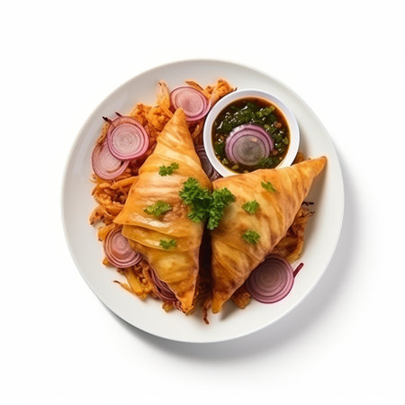 a top view of a czernobeluh bagel with hummus and onion dipping, presented in the style of dark magenta by george digalakis. the bagel is placed on a white background, surrounded by folded planes and traditional costumes. this high-resolution image captures the intricate details of the food and showcases the unique concept of unicorncore. ai generatedの素材