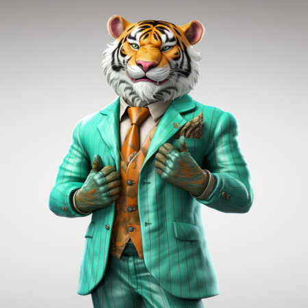 blue and orange tiger in a suit, rendered in the style of unreal engine, is a satirical caricature. the light gray and emerald tones create a visually striking contrast, while the photographically detailed portraitures showcase the intricate details. this unique artwork combines elements of scoutcore and money themes, offering a captivating and thought-provoking visual experience. ai generatedの素材