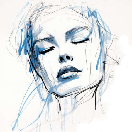 a female with a blue ink sketch on a background featuring blue lines. the sketch is done in the style of expressive portraits, with spare and elegant brushwork. the lines are expressive, capturing urban emotions. the high-key lighting adds to the hyper-realistic water effect. the overall result is elegant and emotive faces. ai generatedの素材