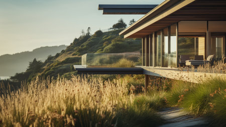 sleek hillside house design by olson kundig captured in this international style architecture photography. the close-up shot features blurred grass in the foreground, while the composition showcases a cinematic feel. shot with a sony alpha a7 iii camera and a sony fe 24-105mm f/4 g oss lens, the image boasts professional color grading, epic volumetric lighting, sharp focus, film grain, and an atmospheric ambiance. availableの素材