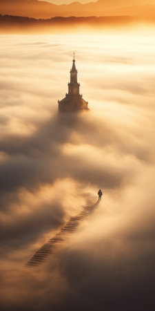 a man sits under a church in the clouds, surrounded by daffodils, in a mesmerizing long exposure photograph. the ethereal mist creates a grandeur of scale, while the light orange and bronze tones add a captivating touch. the frozen movement of the scene resembles ethereal sculptures, making this cityscape truly enchanting. ai generatedの素材