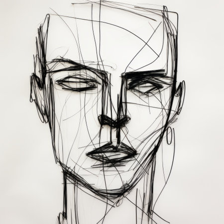 a bold and expressive line portrait of a woman in pencil, created in the style of chaotic expressionism. the portrait is made of wire, with strong facial expression and gestural strokes. the artist's use of expressive mark-making techniques adds depth and intensity to the sculpted androgynous features of the subject. ai generatedの素材