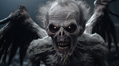 a creature with big wings and big eyes is depicted against a black background in this rendered image. the style of the artwork is reminiscent of mort knstler, featuring skull motifs and detailed crowd scenes. the creature's strong facial expression adds to its ethereal and ghostly appearance. the overall atmosphere is enhanced by the inclusion of groundcore elements. ai generatedの素材