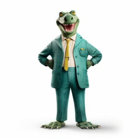 a gondorian cartoon lizard is depicted in this digitally manipulated image. the lizard is showcased on a white background, wearing a stylish costume design inspired by the vancouver school. this quirky character design captures the essence of a national geographic photo, making it a unique and captivating visual. ai generatedの素材