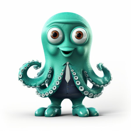 a 3d animated octopus character is depicted in this stock illustration. the illustration showcases a satirical caricature of the octopus, rendered in a light teal style. the image features a combination of navy and green tones, with a matte photo finish. the lensbaby effect adds a unique touch to the overall design, which is inspired by industrial and product design. this illustration is available underの素材