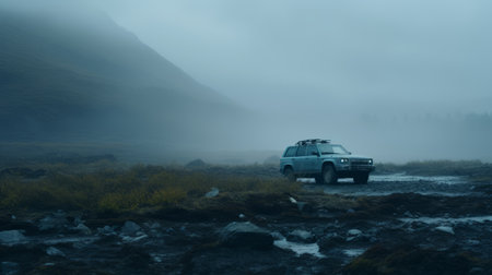 land rovers traverse a foggy road, reminiscent of sacha goldberger's style. the vehicles, in dark navy and aquamarine, blend harmoniously with the norwegian nature surrounding them. this captivating image, captured in 8k resolution, evokes the artistic influences of alessio albi, bob ross, and their layered and atmospheric landscapes. ai generatedの素材