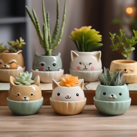 four small ceramic cat pots with plants on top, featuring lively facial expressions. these charming pots are designed in light cyan and light amber, adding a touch of pastoral charm to any space. the photo, taken with a nikon d750, showcases the pots against a backdrop of light green and dark gray, complementing the simplified dog figures. ai generatedの素材