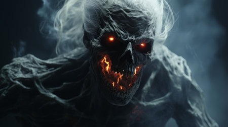 a man with a brightly illuminated face and head, rendered in the style of unreal engine, stands out in this halloween-themed photo. the dynamic and action-packed scene features burned and charred ethereal creatures, reminiscent of the artwork by andreas rocha. the emphasis on emotion over realism adds an intriguing touch to the overall composition. ai generatedの素材