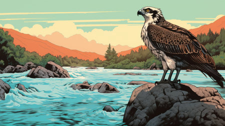 the majestic osprey on the river is depicted in a graphic design-inspired illustration, showcasing detailed landscapes and bold chromaticity. this artwork captures the essence of nature with a touch of pop culture imagery, reminiscent of norwegian nature and detailed comic book art. ai generatedの素材