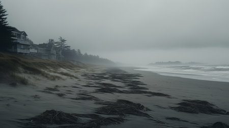 a dark and foreboding beach landscape, captured in 8k resolution by michael shainblum. the beach is surrounded by a dense forest, with a solitary palm tree standing on the shore. the image features muted and subtle tones, with a mix of dark gray and gray hues. the depth of layers and mist add to the atmospheric feel of the scene. ai generatedの素材