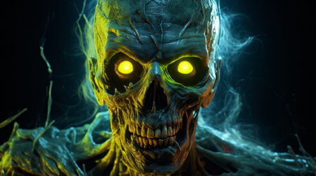 a ghost, adorned in dark colors and with glowing eyes, is depicted in this realistic hyper-detailed rendering. the image follows the zombiecore style, featuring a combination of dark cyan and yellow hues. the ghost appears to be energy-charged, with photorealistic detailing that brings out the skull motifs. this artwork is reminiscent of the style of renowned artist clyde caldwell. ai generatedの素材