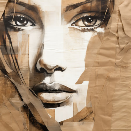 a woman's portrait on a brown piece of paper, showcasing street art abstract style. the layered images create a mesmerizing effect, while serene faces capture attention. this large-scale canvas features monochrome portraits with blink-and-you-miss-it details, all skillfully crafted from cardboard. ai generatedの素材