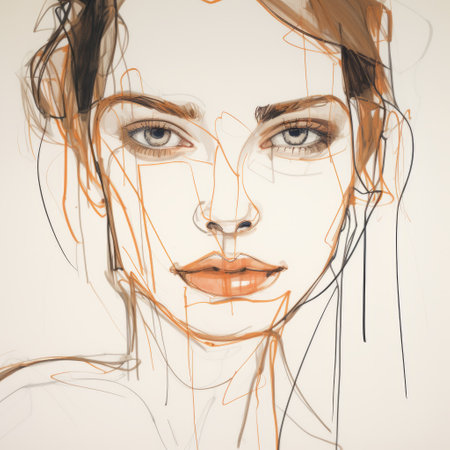 a woman's face in a pencil sketch, featuring dynamic lines and shapes in the style of dark beige and orange. this artwork showcases a combination of drip painting and fashion illustration techniques, resulting in bold yet graceful linear outlines. the use of digital art techniques enhances the overall aesthetic appeal of the piece. ai generatedの素材
