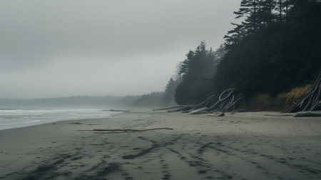 trees line the sandy beach, creating a moody and atmospheric scene reminiscent of the works of whistler and winslow homer. captured with the carl zeiss distagon t 15mm f/2.8 ze lens, this raw and emotional imagery showcases the soft mist enveloping the landscape. experience the stunning beauty of this 8k resolution photograph. ai generatedの素材