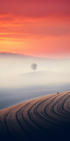 a landscape photo featuring a solitary tree in the background, reminiscent of the emotive fields of color seen in dimitry roulland's style. the image captures a cold and detached atmosphere, similar to the works of leszek bujnowski. the soft lines and shapes, along with the interplay of light in white and red hues, evoke the artistic touch of jan urschel. ai generatedの素材