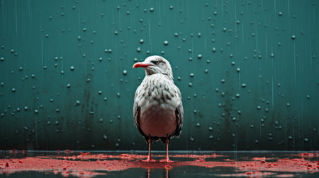 a bird perches in a puddle beneath an umbrella against a backdrop of vibrant red paint. this captivating image showcases the unique blend of cross processing, hyperrealistic marine life, pigeoncore, darktable processing, and emotive body language. the water drops add an extra touch of intrigue to this visually stunning composition. ai generatedの素材