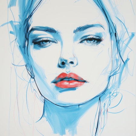 a stunning watercolour pencil sketch of a beauty portrait by artist lj oil. this artwork showcases flowing lines and a harmonious blend of light aquamarine and red hues. created in the style of large canvas paintings, it features high contrast compositions and an ultra-realistic depiction. perfect for art enthusiasts who appreciate the beauty of blue on blue. ai generatedの素材