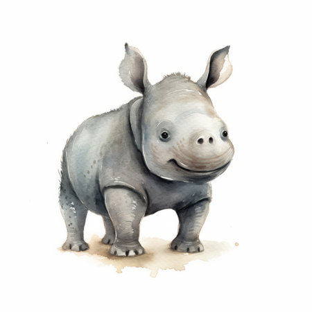 a watercolor cartoon of a blue rhino is depicted on a white background, showcasing a charming character in the style of sepia tone. the artwork captures the essence of realistic painted still lifes with a touch of dark white and gray shades. reminiscent of children's book illustrations, this piece also draws inspiration from moche art, resulting in a unique and captivating image. ai generatedの素材