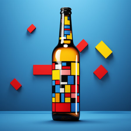 a beer bottle is placed on a blue background, featuring squares underneath it. this composition showcases bold and colorful elements, drawing inspiration from bauhaus-inspired designs. the image is created using photobashing techniques, incorporating yellow and red hues. the overall aesthetic is reminiscent of painted illustrations, with a strong emphasis on character design. the graphics are prerendered, resulting in a visually striking image. ai generatedの素材