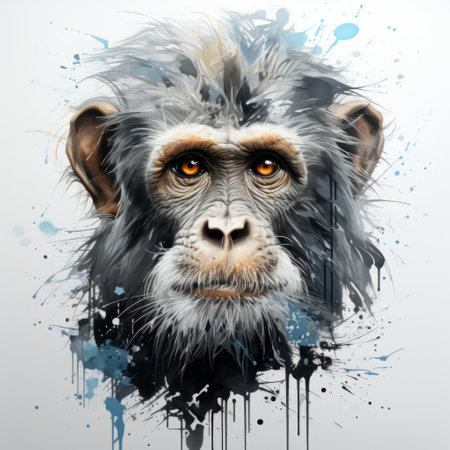 a chimpanzee face, painted in oil, showcases a realistic yet stylized depiction. the artwork features simple, colorful illustrations with water splatters, capturing the essence of gray, characterized animals. inspired by modern european ink painting, this piece by serge marshennikov also includes detailed background elements. ai generatedの素材