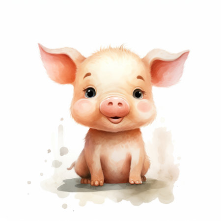 a watercolor pig sits on white tiles in a farm design or on a background. the charming character illustration showcases kawaii art, realistic oil portraits, animated gifs, children's book illustrations, and a color palette of dark white and light pink. the pig's appearance is caricature-like, adding to its adorable appeal. ai generatedの素材