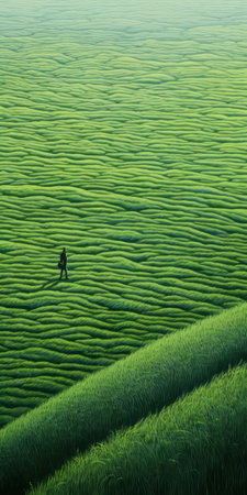an unidentified man confidently walks through a stunning, picturesque countryside, reminiscent of the mori kei style. this captivating national geographic photo captures the man's movement as he navigates the zigzagging paths amidst the vibrant color field. the image, with its atmospheric landscapes and a play of light in shades of black and green, evokes a sense of mystery and tranquility. ai generatedの素材