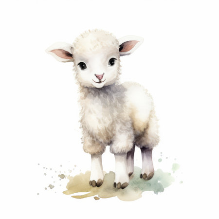 a cartoon lamb with shiny eyes stands on a white background, portrayed in a fluid watercolor style. the image exudes childlike innocence and charm, with a soft and muted palette of dark white and light white. the atmospheric color washes add a touch of kawaiipunk to this adorable depiction. ai generatedの素材