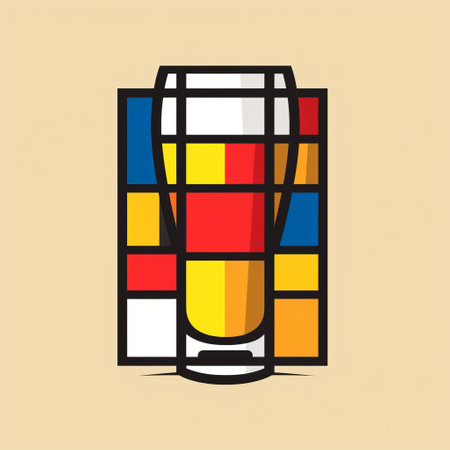 a beer glass featuring a de stijl-inspired design with vibrant colors including yellow, orange, green, blue, and red. this monochromatic graphic illustration draws inspiration from golden age illustrations and cleverly utilizes negative space. the mosaic-like forms and logo add a unique touch to this visually striking image. ai generatedの素材