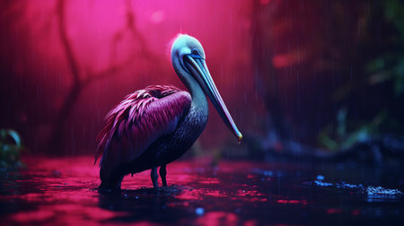 a felt stop-motion pelican stands in the rain by a river in a pakistan forest storm. the 4k image captures the shallow depth of field, with a dark magenta forest backdrop. the pelican, made of neoprene material, is seen in the night, surrounded by shades of magenta and a hint of blue, creating a low saturation effect. ai generatedの素材