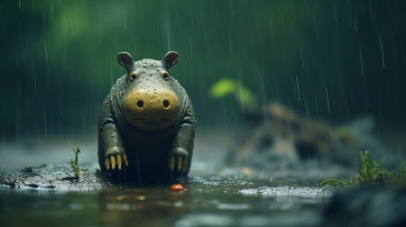 a toy hippo in the rain, captured in a realistic and hyper-detailed rendering. this 32k uhd photo showcases indonesian art with post-processing techniques, beautifully capturing the essence of nature. the image exudes tonalism and portrays the sublime wilderness. ai generatedの素材