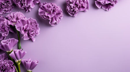 colorful purple carnations stand out against a light violet background in this 8k resolution photograph. the monochromatic shadows add depth to the unique framing and composition. with sparse backgrounds and moody colors, this minimalist photography showcases the beauty of the flowers. the decorative borders enhance the overall aesthetic. ai generatedの素材