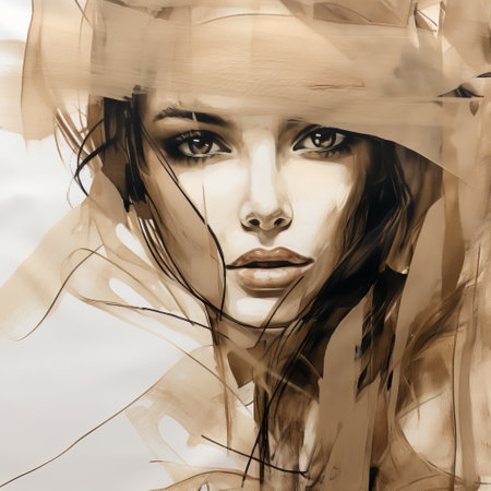 a portrait of a woman with her hair tied in a messy way, showcasing the stylish combination of dark gold and light beige. this fashion illustration captures the elegance and emotive expression of the subject's face, with a captivating gaze. the artwork is created using a transparent-translucent medium, resembling monumental ink paintings. the high-resolution image showcases the intricate details of the portrait. ai generatedの素材