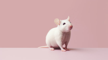 a white mouse, in the style of minimal retouching, sits on a pink background. this realistic animal portrait by mike campau showcases a diverse color palette and vibrant coloration. with sharp attention to detail, this image captures the essence of ratcore aesthetics. ai generatedの素材