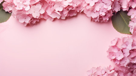 pink flowers on a pink background create a visually captivating image with a monochromatic color scheme. the delicate blooms stand out against the subtle color variations, showcasing the kawaii chic style. the photo features an ephemeral installation, combining natural and man-made elements, while the elaborate borders add an artistic touch. with space for a title, this image is perfect for adding a personalized touch. aiの素材