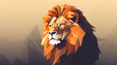 the lion is showcased in a stunning digital art piece, incorporating the popular low poly style. with a captivating blend of light navy and dark amber hues, the artwork boasts a flat perspective and a sepia tone. the lion is brought to life through vibrant and colorful geometric abstractions, while the use of 8k 3d and soft gradients adds depth and dimension to the composition.の素材