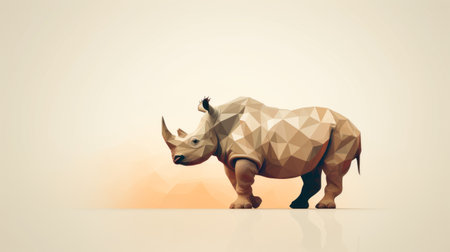a rhino stands against a beige background in a low poly, minimalistic style. the dark white and light amber colors create a striking contrast. this digital art piece showcases life-like avian illustrations with textural richness and geometric balance. ai generatedの素材