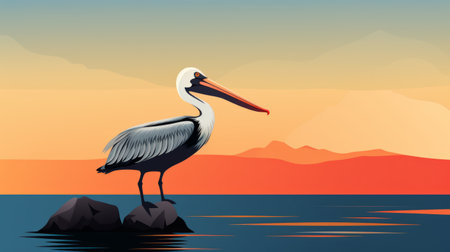 a stunning illustration of a pelican and sunset by the coast, featuring a vector background. this artwork is created in the style of graphic rock-inspired compositions, with a color palette of light navy and light gray. it showcases elements of bay area figurative art, with bold chromaticity and an elongated, distinctive character design. ai generatedの素材