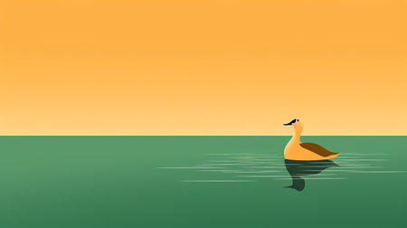 an elegant orange goose gracefully swims in the water during a breathtaking sunset. this minimalist illustration captures the essence of the scene with its yellow and green color palette. the satirical touch adds a unique twist to the artwork, while the minimalist background and fictional landscape create a striking contrast of scale. ai generatedの素材