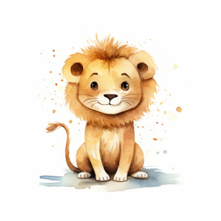 a painted lion, inspired by the charming character illustrations of claudia tremblay and jean-baptiste monge, is depicted on a white background. this playful character design, reminiscent of andy fairhurst's style, showcases whimsical characters with unique stainswashes. ai generatedの素材