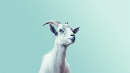 a goat with white horns stands on a vibrant red background, creating a striking contrast. the image is captured in a style that combines light cyan and azure tones, giving it a unique and artistic feel. the photograph showcases minimal retouching, resulting in a photorealistic representation of wildlife. the composition is reminiscent of dark white and light emerald hues, adding a naturalistic touch. additionally, theの素材